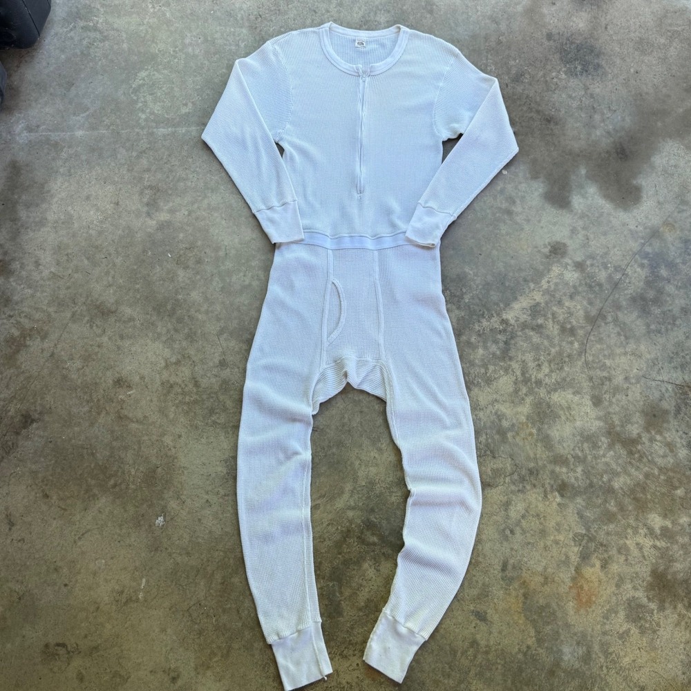 Vintage 70s Fruit of theā Loom Thermal Union Suit Workwear Cabincore White L d12